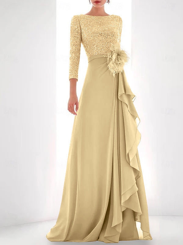 Asymmetrical A-Line Princess Jewel Neck Gown with Long Sleeves Sequin Feather and Pearl Details