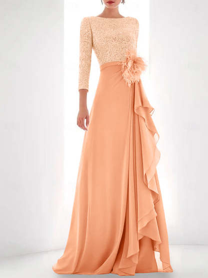 Asymmetrical A-Line Princess Jewel Neck Gown with Long Sleeves Sequin Feather and Pearl Details