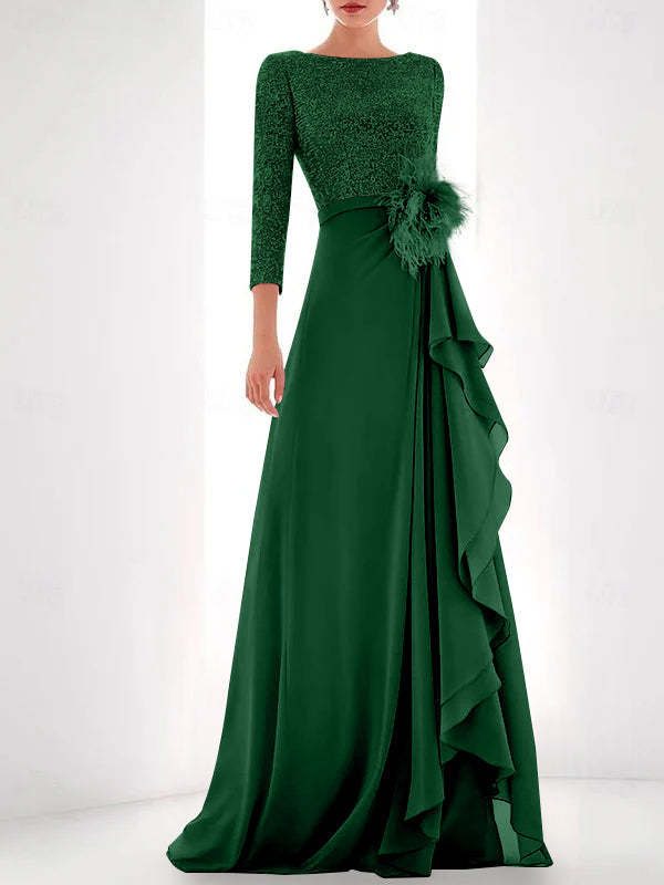 Asymmetrical A-Line Princess Jewel Neck Gown with Long Sleeves Sequin Feather and Pearl Details