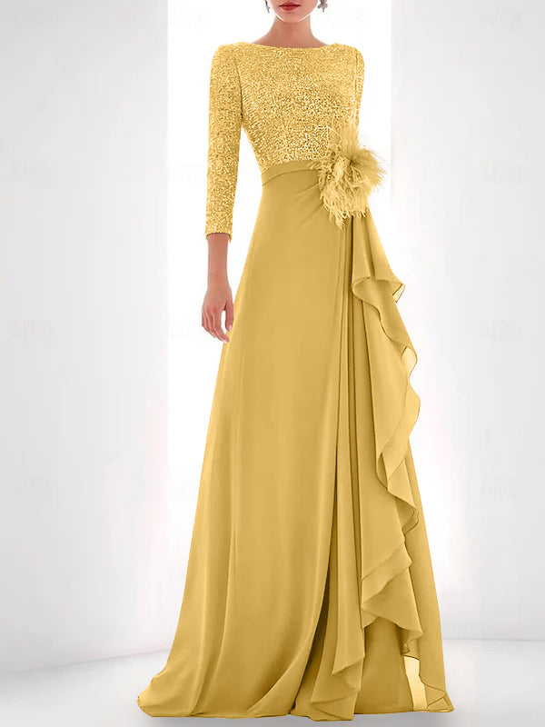 Asymmetrical A-Line Princess Jewel Neck Gown with Long Sleeves Sequin Feather and Pearl Details