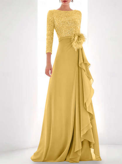 Asymmetrical A-Line Princess Jewel Neck Gown with Long Sleeves Sequin Feather and Pearl Details