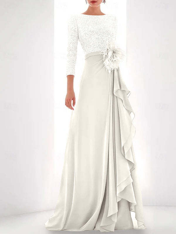 Asymmetrical A-Line Princess Jewel Neck Gown with Long Sleeves Sequin Feather and Pearl Details