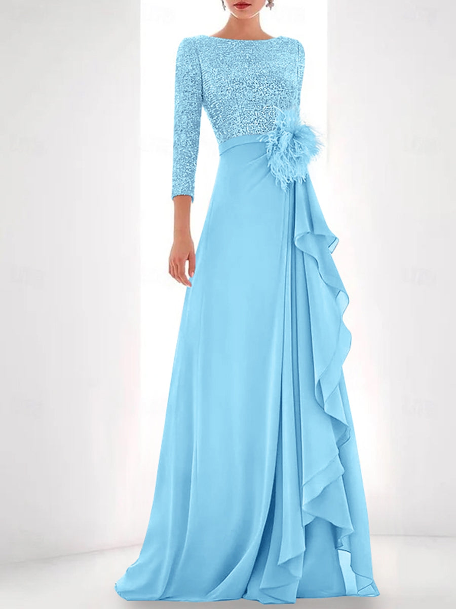 Asymmetrical A-Line Princess Jewel Neck Gown with Long Sleeves Sequin Feather and Pearl Details