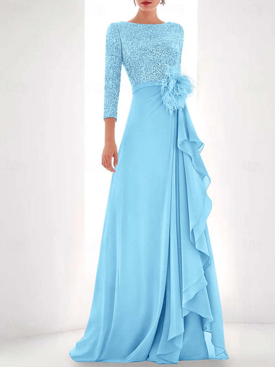 Asymmetrical A-Line Princess Jewel Neck Gown with Long Sleeves Sequin Feather and Pearl Details