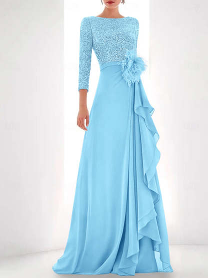 Asymmetrical A-Line Princess Jewel Neck Gown with Long Sleeves Sequin Feather and Pearl Details