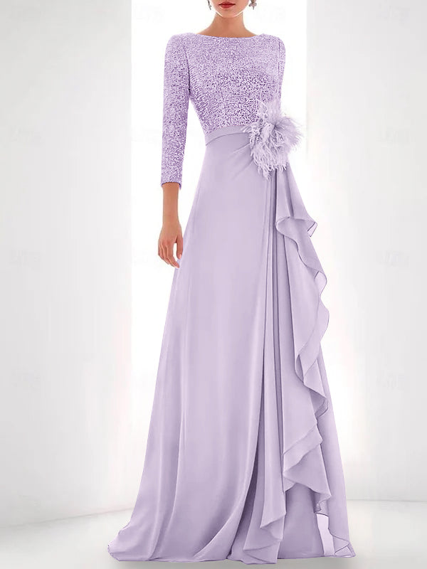 Asymmetrical A-Line Princess Jewel Neck Gown with Long Sleeves Sequin Feather and Pearl Details