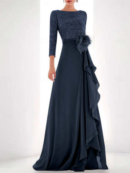 Asymmetrical A-Line Princess Jewel Neck Gown with Long Sleeves Sequin Feather and Pearl Details