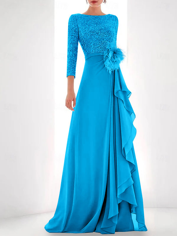 Asymmetrical A-Line Princess Jewel Neck Gown with Long Sleeves Sequin Feather and Pearl Details