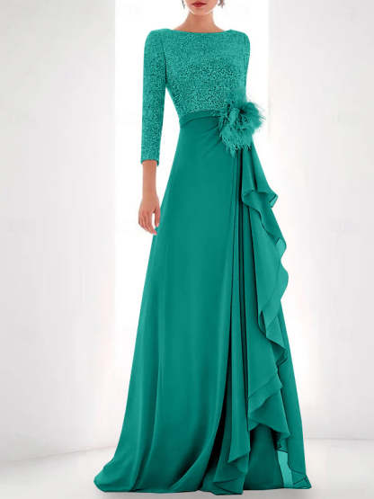 Asymmetrical A-Line Princess Jewel Neck Gown with Long Sleeves Sequin Feather and Pearl Details