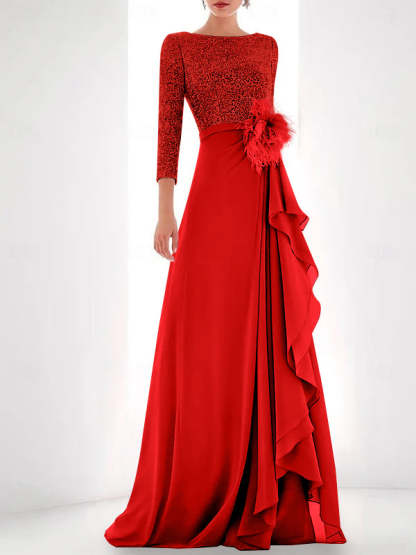 Asymmetrical A-Line Princess Jewel Neck Gown with Long Sleeves Sequin Feather and Pearl Details