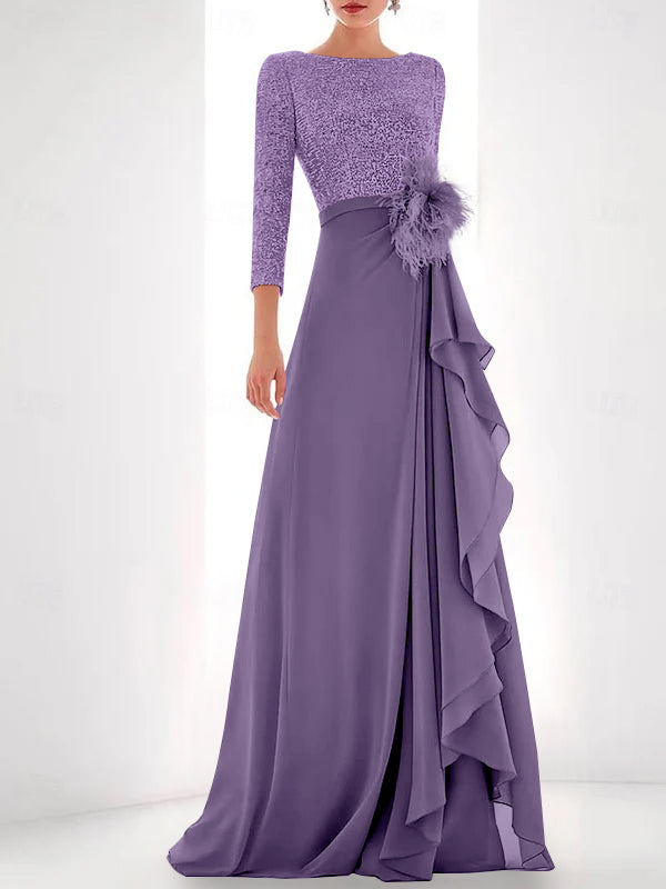 Asymmetrical A-Line Princess Jewel Neck Gown with Long Sleeves Sequin Feather and Pearl Details