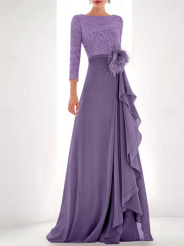 Asymmetrical A-Line Princess Jewel Neck Gown with Long Sleeves Sequin Feather and Pearl Details