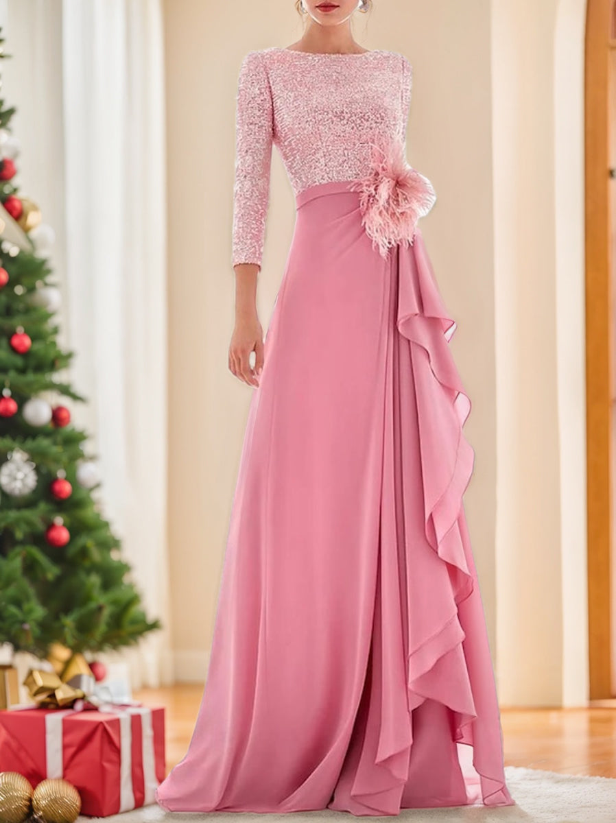Asymmetrical A-Line Princess Jewel Neck Gown with Long Sleeves Sequin Feather and Pearl Details