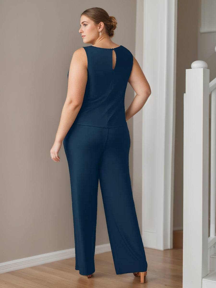 Plus Size 3-Piece Chiffon Pantsuit with Scoop Neck 3/4 Sleeves and Floor-Length Jacket Featuring Pockets-BMbridal.UK