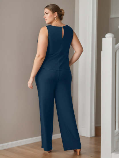 Plus Size 3-Piece Chiffon Pantsuit with Scoop Neck 3/4 Sleeves and Floor-Length Jacket Featuring Pockets-BMbridal.UK