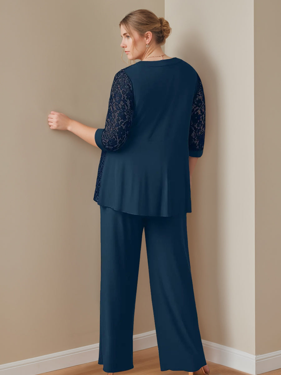 Plus Size 3-Piece Chiffon Pantsuit with Scoop Neck 3/4 Sleeves and Floor-Length Jacket Featuring Pockets-BMbridal.UK