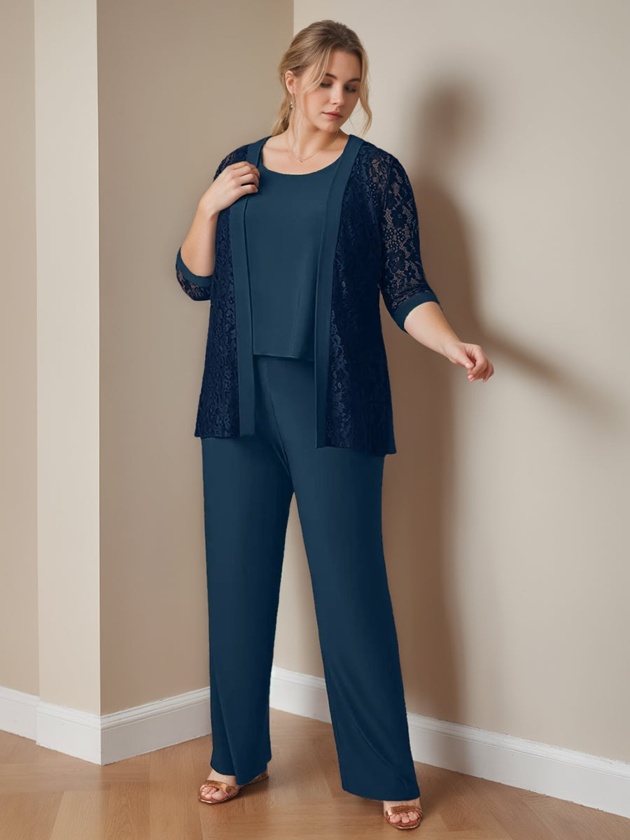 Plus Size 3-Piece Chiffon Pantsuit with Scoop Neck 3/4 Sleeves and Floor-Length Jacket Featuring Pockets-BMbridal.UK