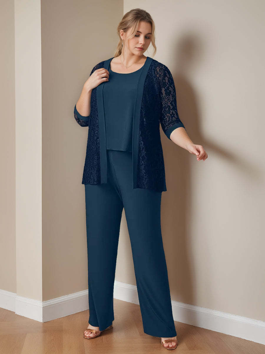 Plus Size 3-Piece Chiffon Pantsuit with Scoop Neck 3/4 Sleeves and Floor-Length Jacket Featuring Pockets-BMbridal.UK