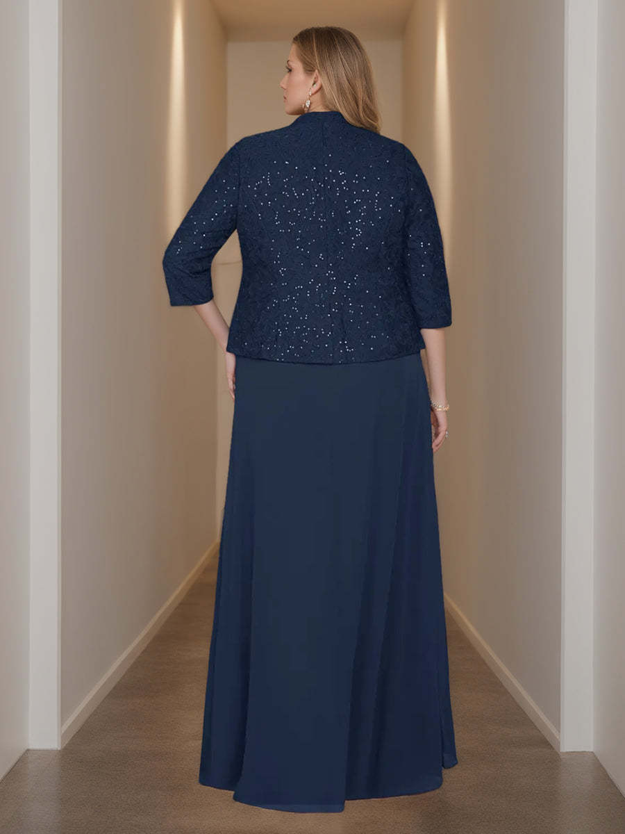 2-Piece Square Neck 3/4 Sleeve Floor-Length Mother of the Bride Dress Set with Jacket Lace & Sequins