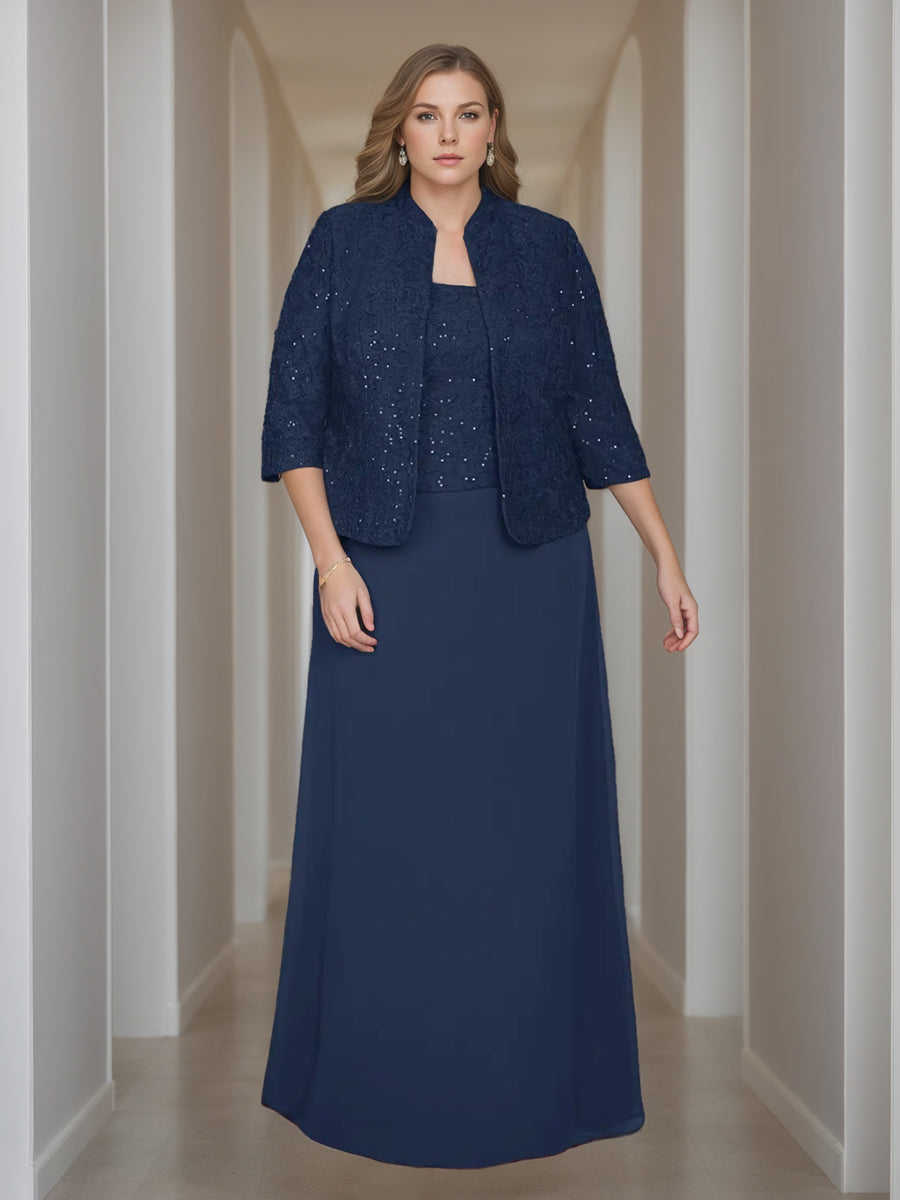 2-Piece Square Neck 3/4 Sleeve Floor-Length Mother of the Bride Dress Set with Jacket Lace & Sequins