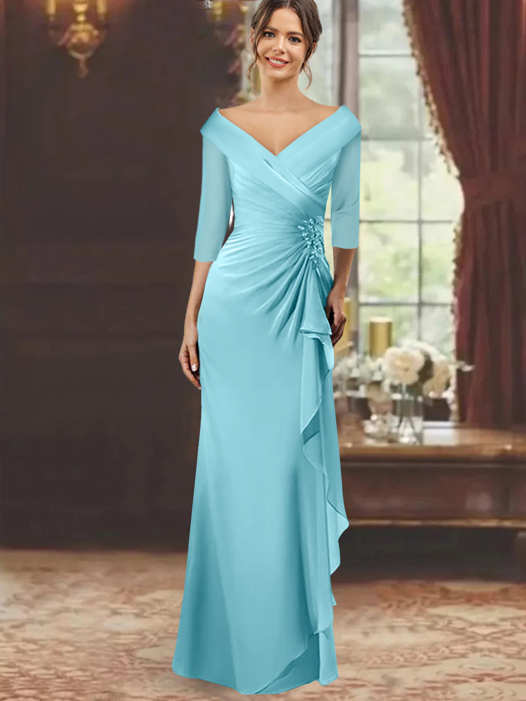 V-Neck Half-Sleeve Floor-Length Sheath Mother of the Bride Dress with Ruffles and Appliques