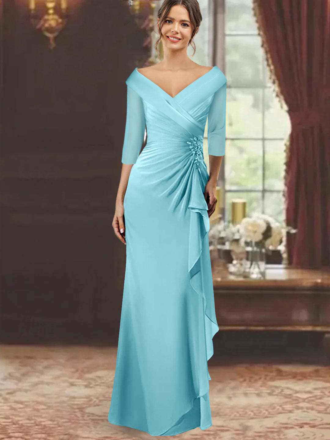 V-Neck Half-Sleeve Floor-Length Sheath Mother of the Bride Dress with Ruffles and Appliques