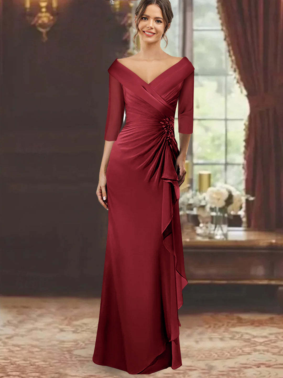 V-Neck Half-Sleeve Floor-Length Sheath Mother of the Bride Dress with Ruffles and Appliques
