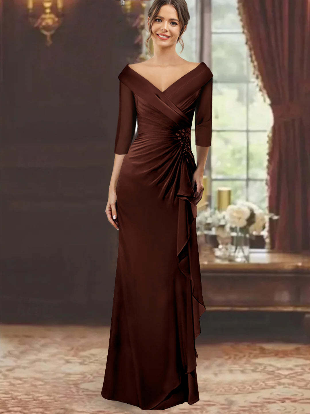 V-Neck Half-Sleeve Floor-Length Sheath Mother of the Bride Dress with Ruffles and Appliques