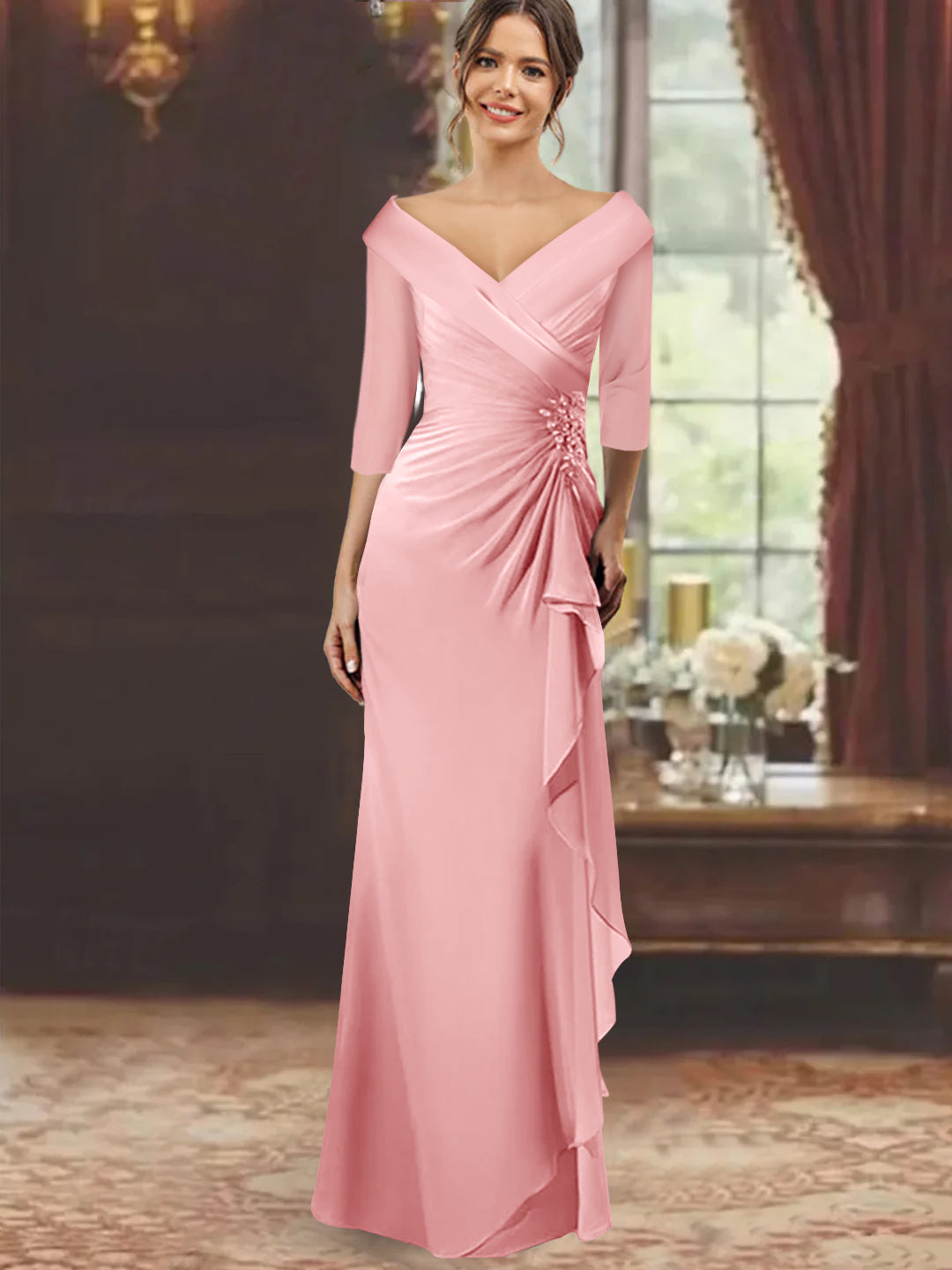 V-Neck Half-Sleeve Floor-Length Sheath Mother of the Bride Dress with Ruffles and Appliques