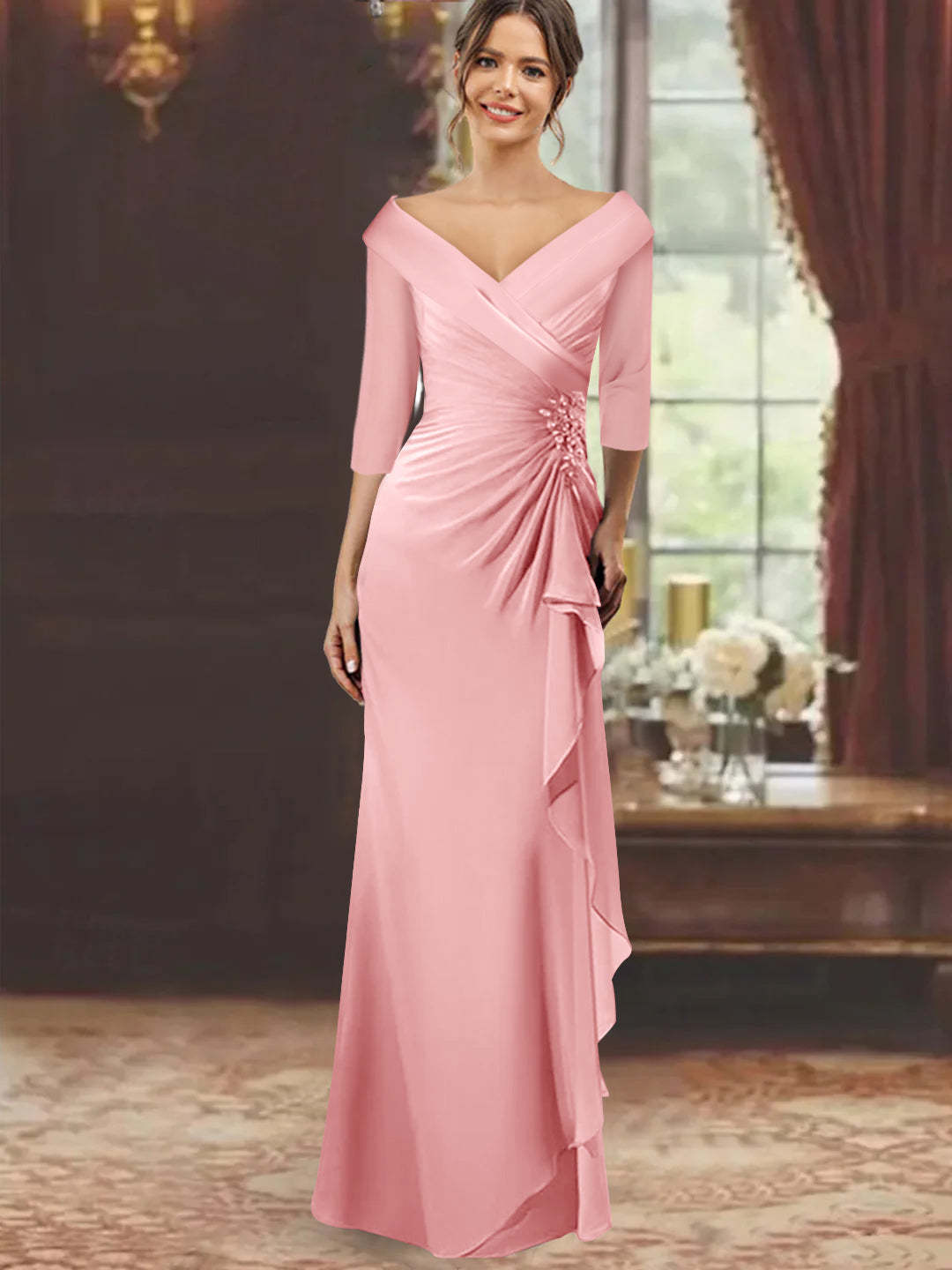 V-Neck Half-Sleeve Floor-Length Sheath Mother of the Bride Dress with Ruffles and Appliques