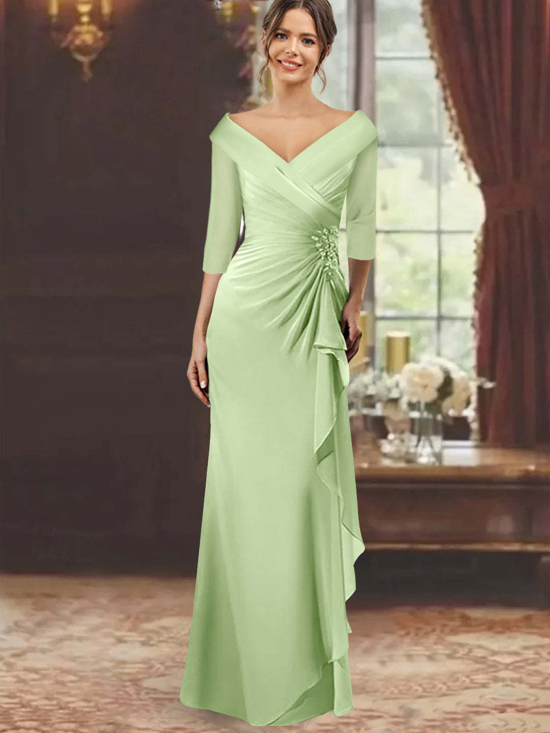 V-Neck Half-Sleeve Floor-Length Sheath Mother of the Bride Dress with Ruffles and Appliques