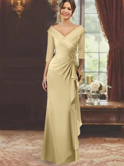 V-Neck Half-Sleeve Floor-Length Sheath Mother of the Bride Dress with Ruffles and Appliques