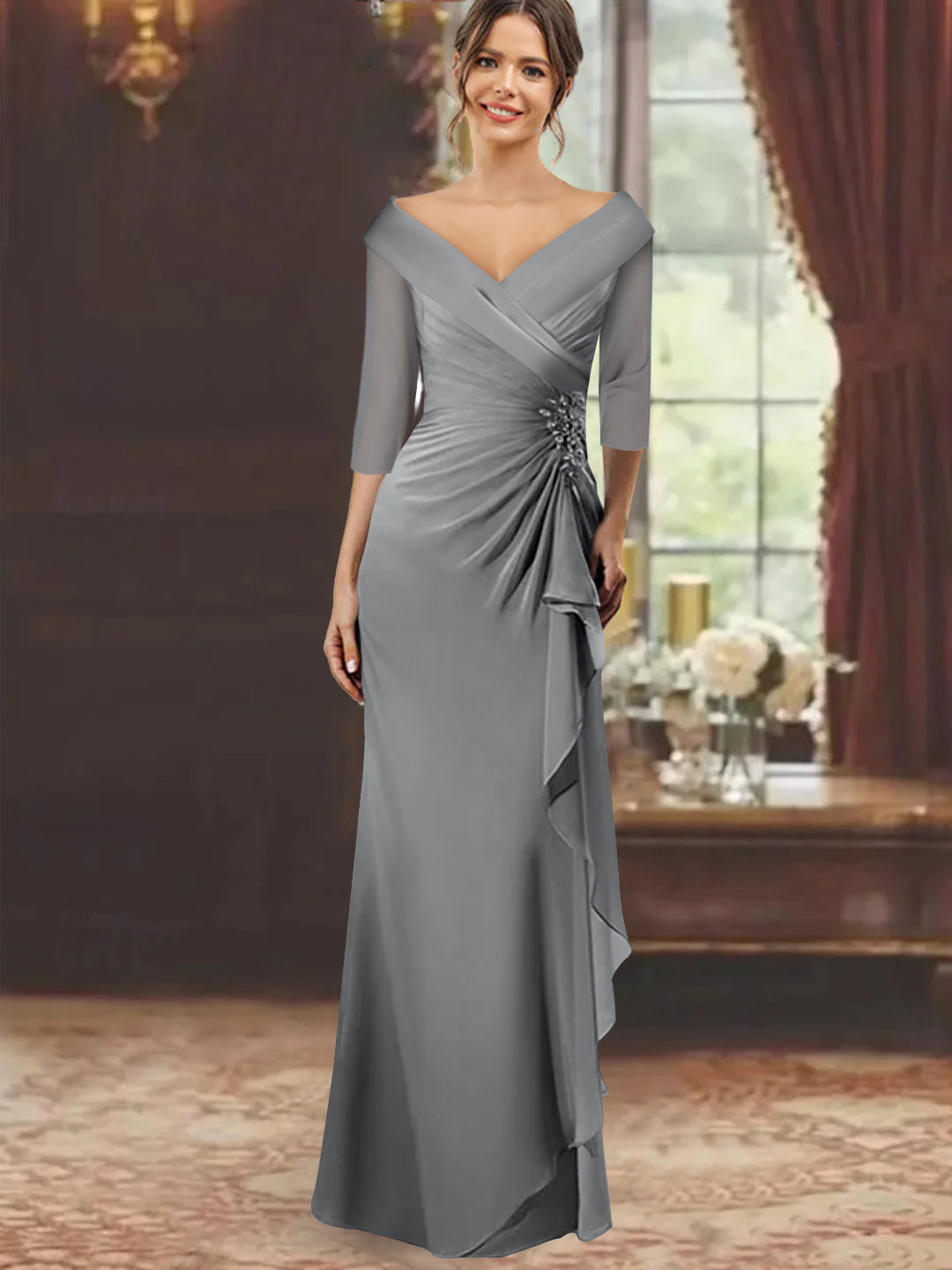 V-Neck Half-Sleeve Floor-Length Sheath Mother of the Bride Dress with Ruffles and Appliques