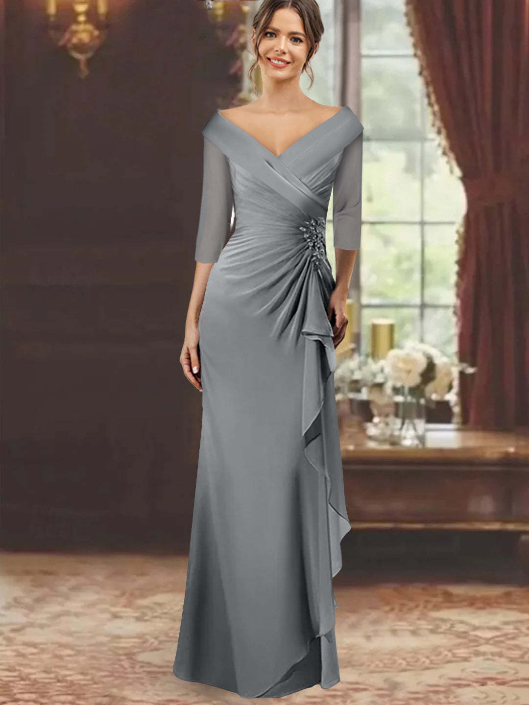 V-Neck Half-Sleeve Floor-Length Sheath Mother of the Bride Dress with Ruffles and Appliques