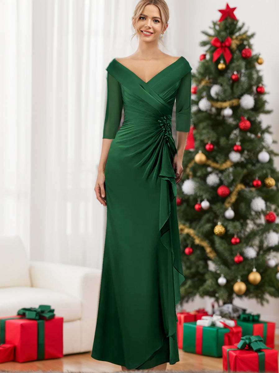 V-Neck Half-Sleeve Floor-Length Sheath Mother of the Bride Dress with Ruffles and Appliques