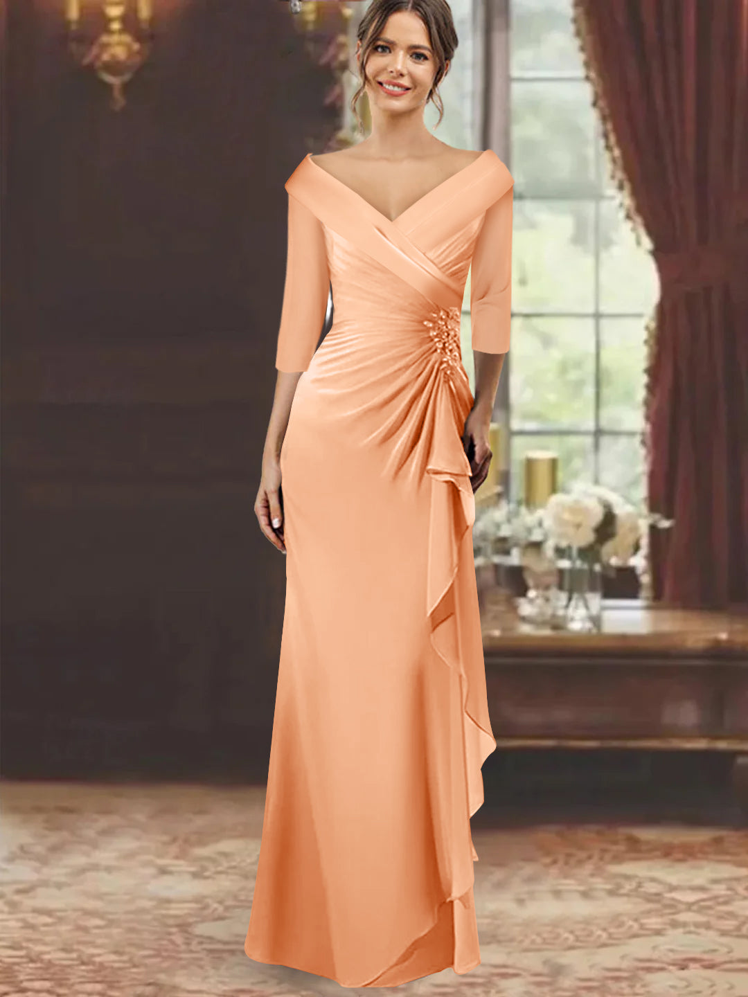 V-Neck Half-Sleeve Floor-Length Sheath Mother of the Bride Dress with Ruffles and Appliques