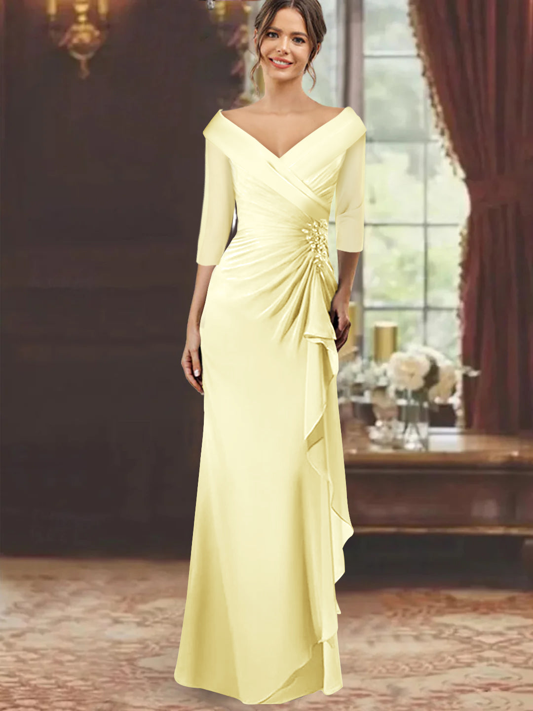 V-Neck Half-Sleeve Floor-Length Sheath Mother of the Bride Dress with Ruffles and Appliques