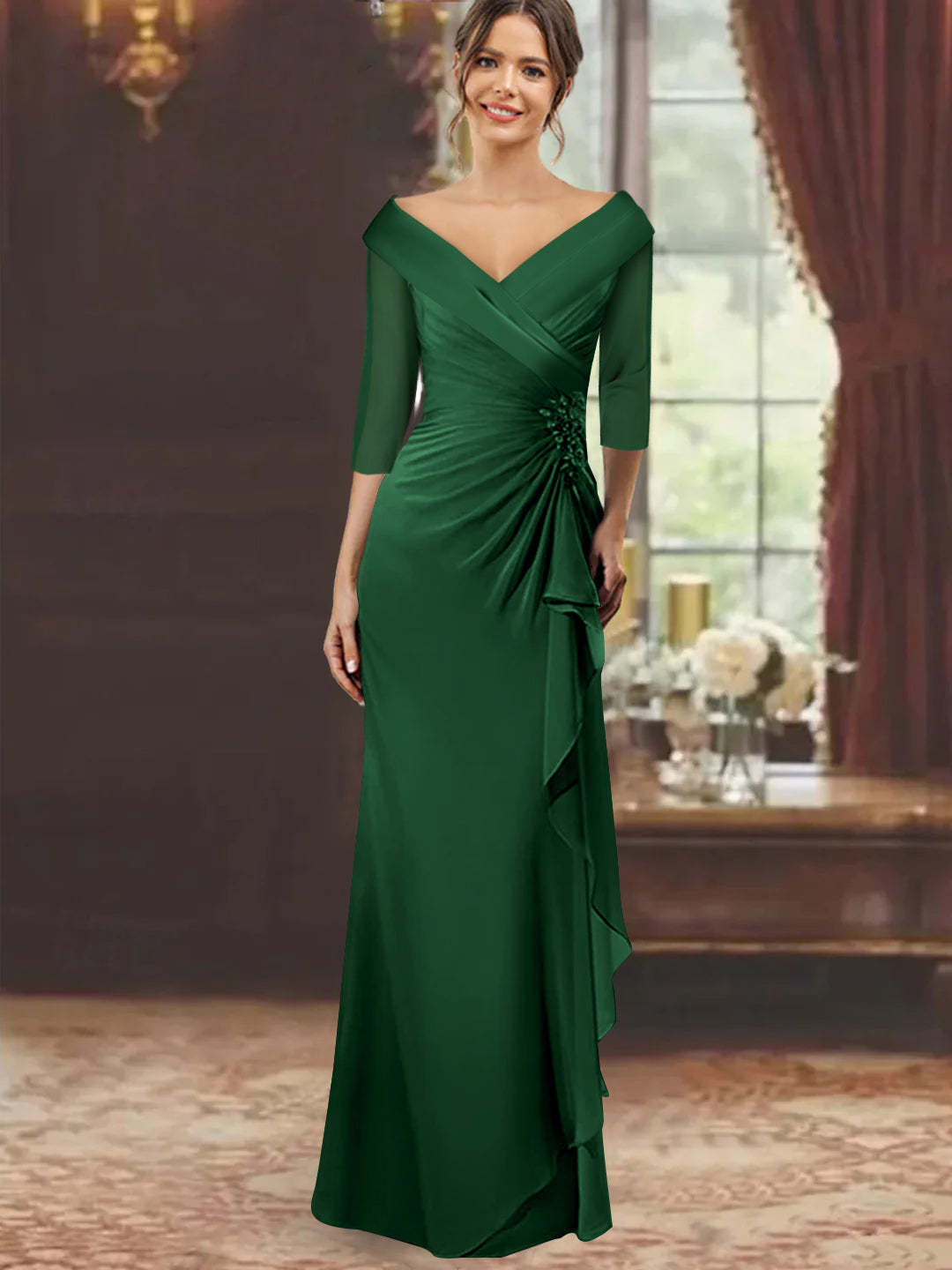 V-Neck Half-Sleeve Floor-Length Sheath Mother of the Bride Dress with Ruffles and Appliques