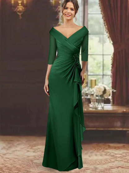 V-Neck Half-Sleeve Floor-Length Sheath Mother of the Bride Dress with Ruffles and Appliques