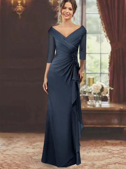 V-Neck Half-Sleeve Floor-Length Sheath Mother of the Bride Dress with Ruffles and Appliques