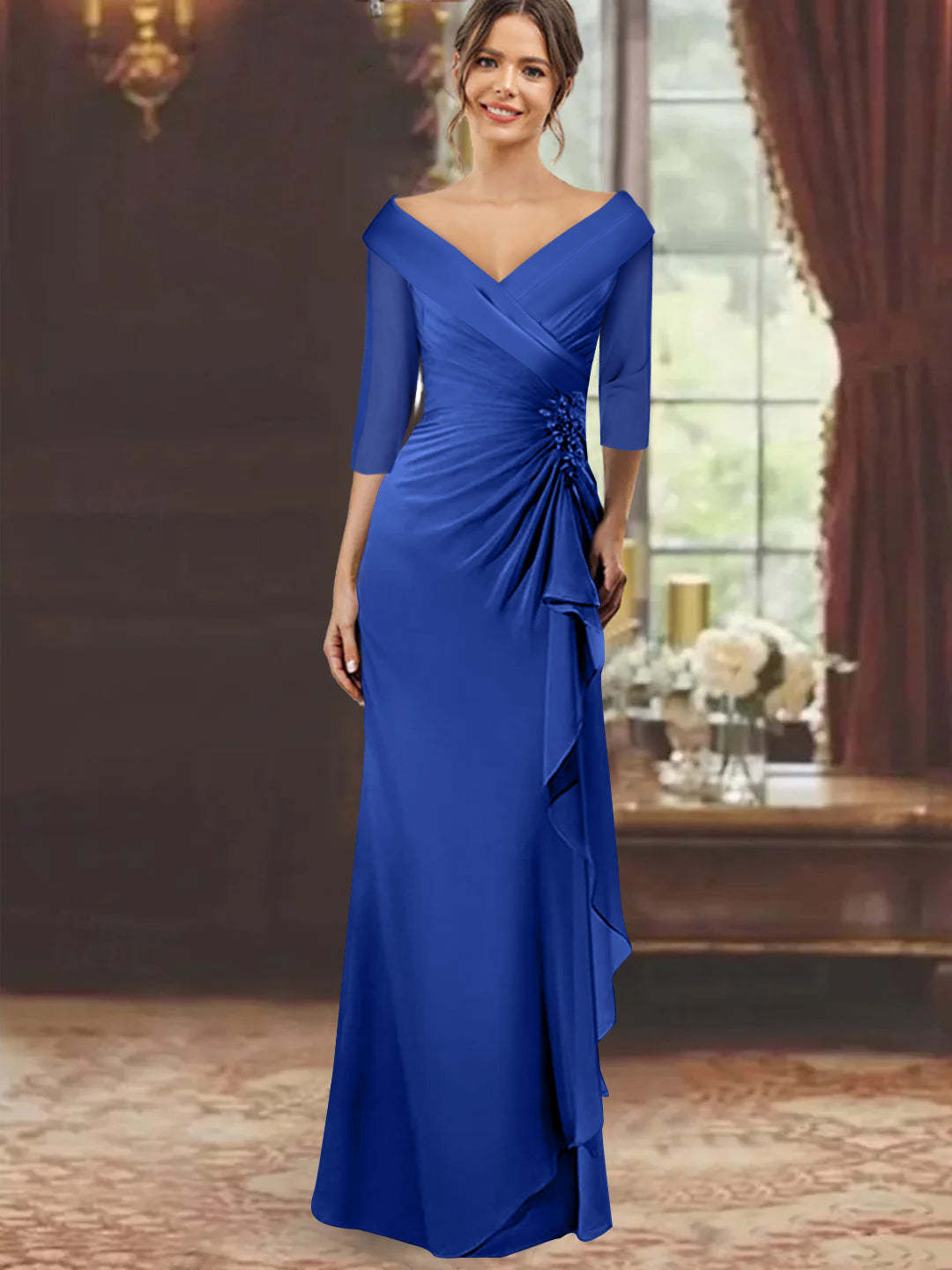 V-Neck Half-Sleeve Floor-Length Sheath Mother of the Bride Dress with Ruffles and Appliques