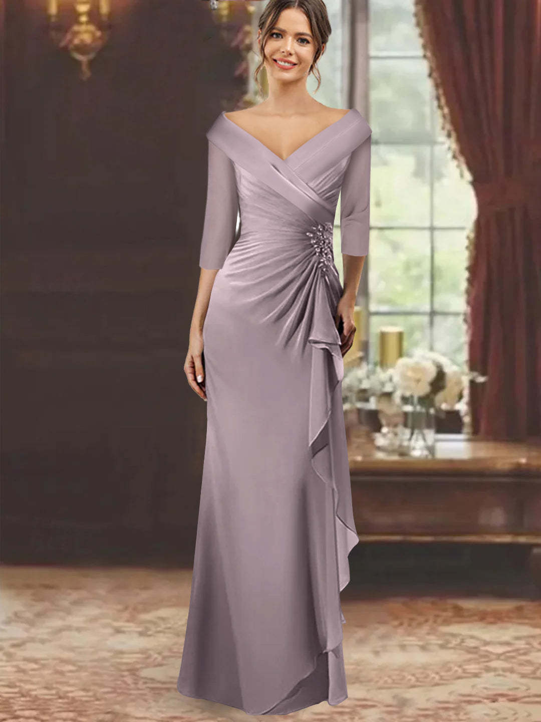 V-Neck Half-Sleeve Floor-Length Sheath Mother of the Bride Dress with Ruffles and Appliques