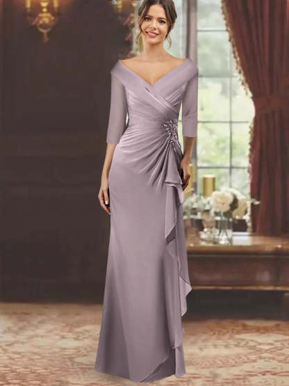 V-Neck Half-Sleeve Floor-Length Sheath Mother of the Bride Dress with Ruffles and Appliques