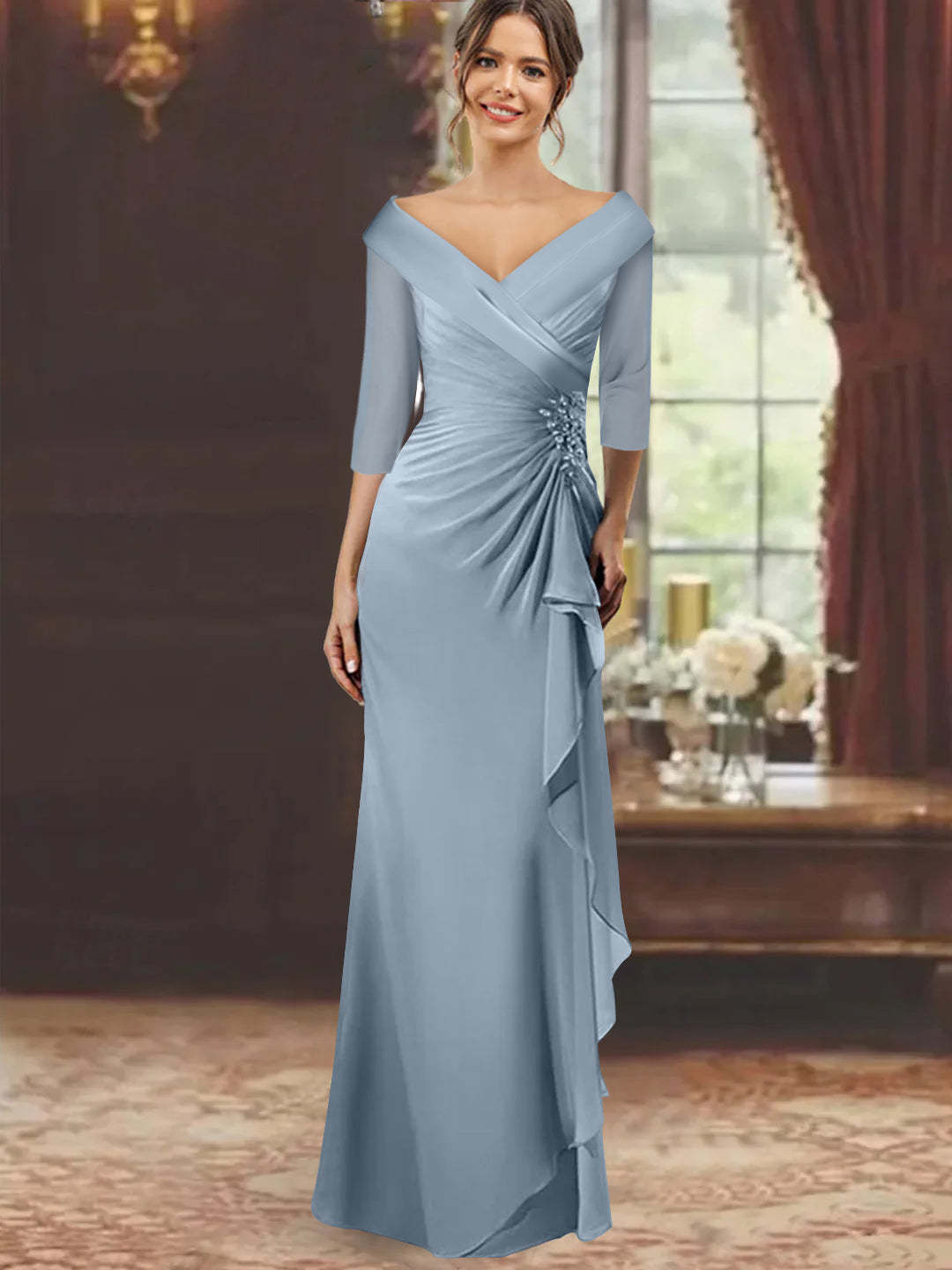 V-Neck Half-Sleeve Floor-Length Sheath Mother of the Bride Dress with Ruffles and Appliques