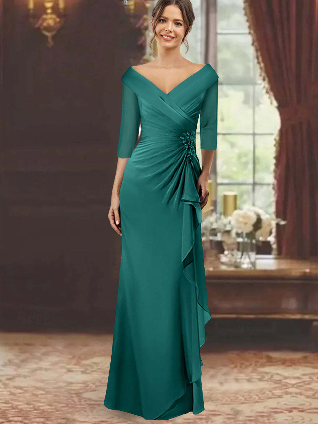 V-Neck Half-Sleeve Floor-Length Sheath Mother of the Bride Dress with Ruffles and Appliques
