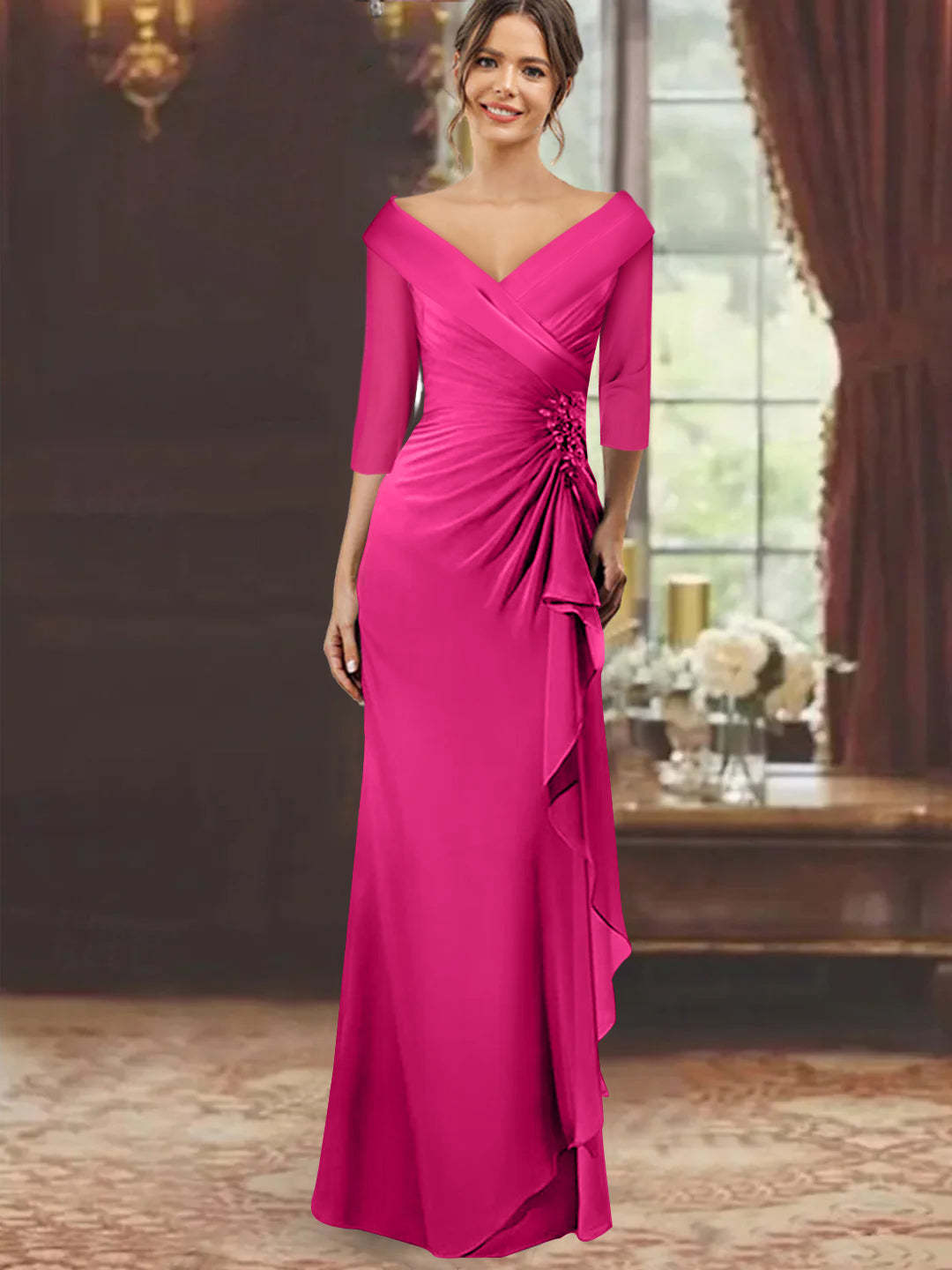 V-Neck Half-Sleeve Floor-Length Sheath Mother of the Bride Dress with Ruffles and Appliques