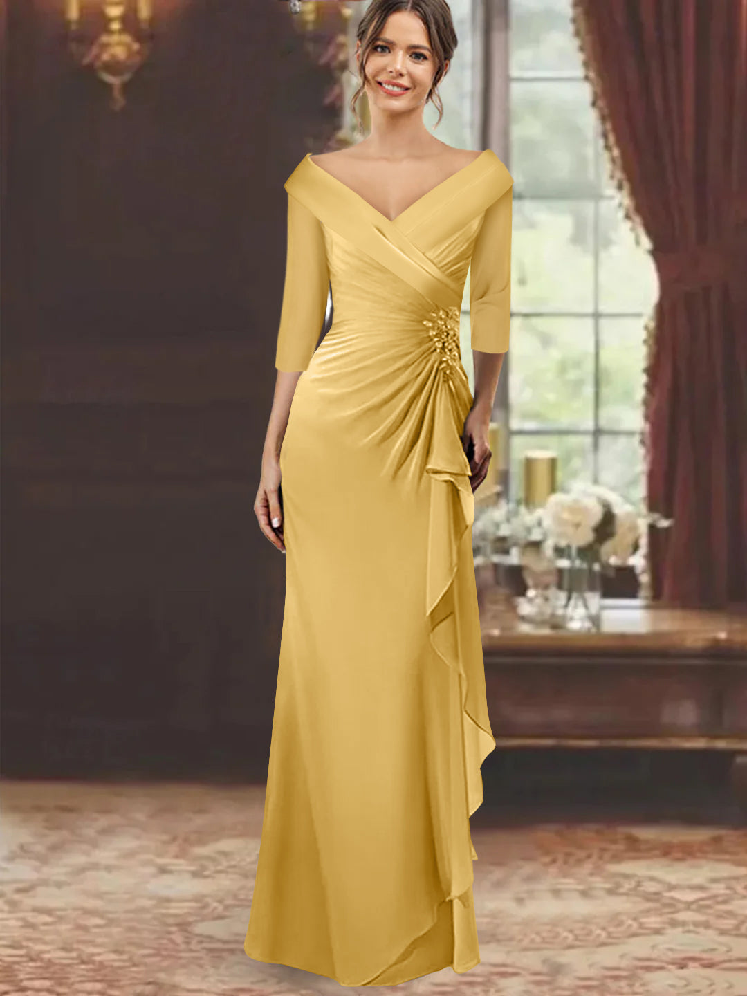 V-Neck Half-Sleeve Floor-Length Sheath Mother of the Bride Dress with Ruffles and Appliques