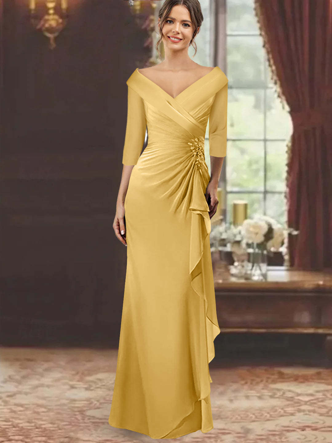 V-Neck Half-Sleeve Floor-Length Sheath Mother of the Bride Dress with Ruffles and Appliques