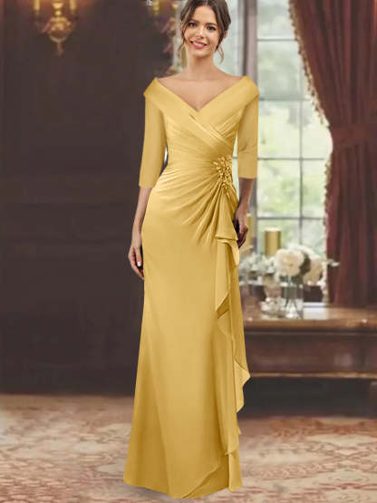 V-Neck Half-Sleeve Floor-Length Sheath Mother of the Bride Dress with Ruffles and Appliques