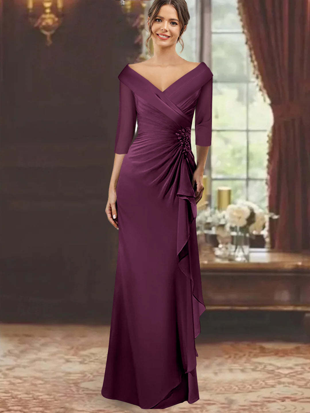 V-Neck Half-Sleeve Floor-Length Sheath Mother of the Bride Dress with Ruffles and Appliques